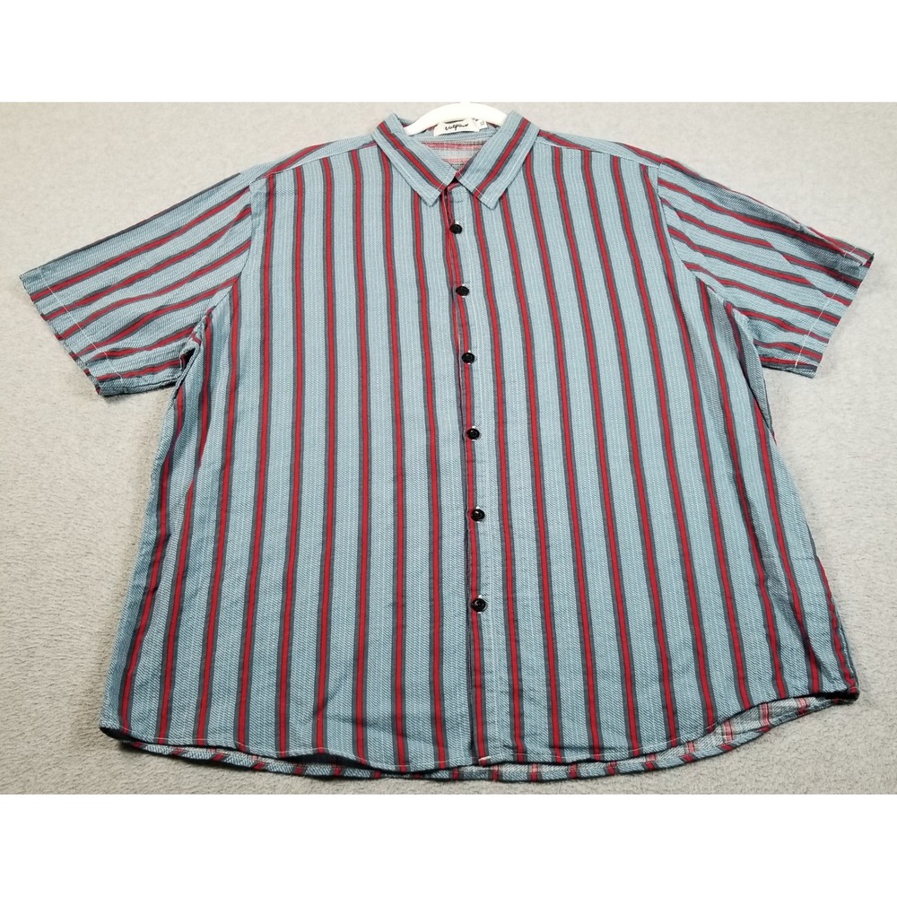 Vatpave Button Up Shirt Men XL Blue Red Striped Short Sleeve Casual Summer Retro